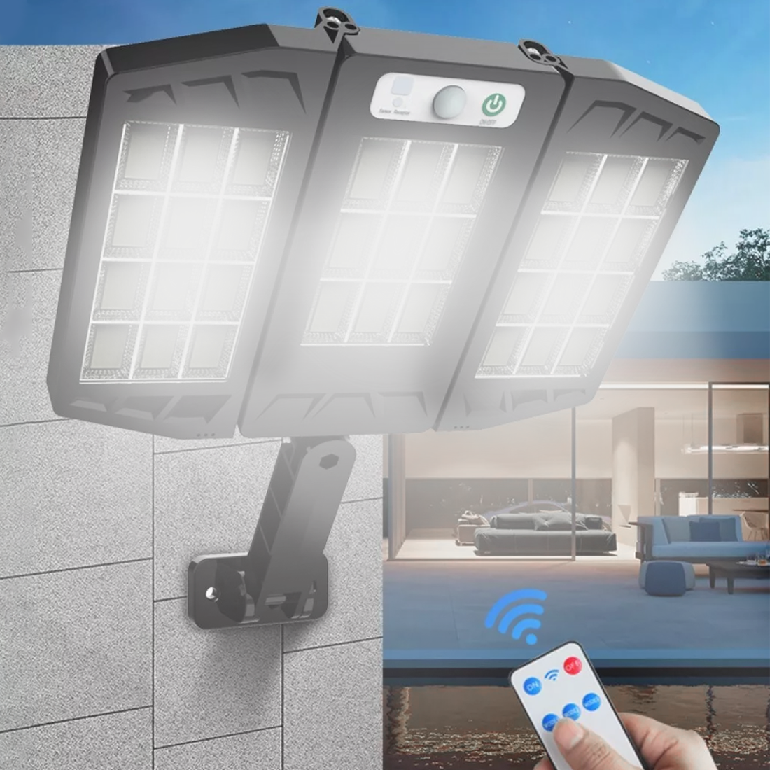 Mini lampe solaire 3 panneaux intégrés 216 LED lumière blanche avec télécommande