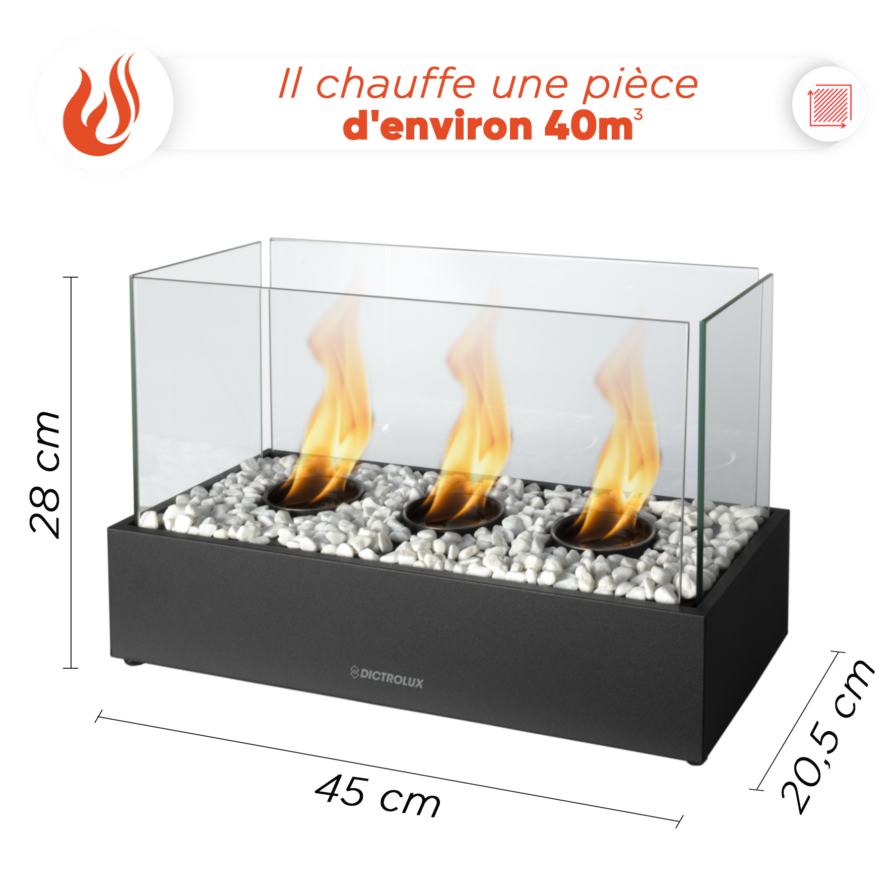 Cheminée Électrique Bioéthanol 1100W Décorative Flamme Réelle 45x20,5x28cm