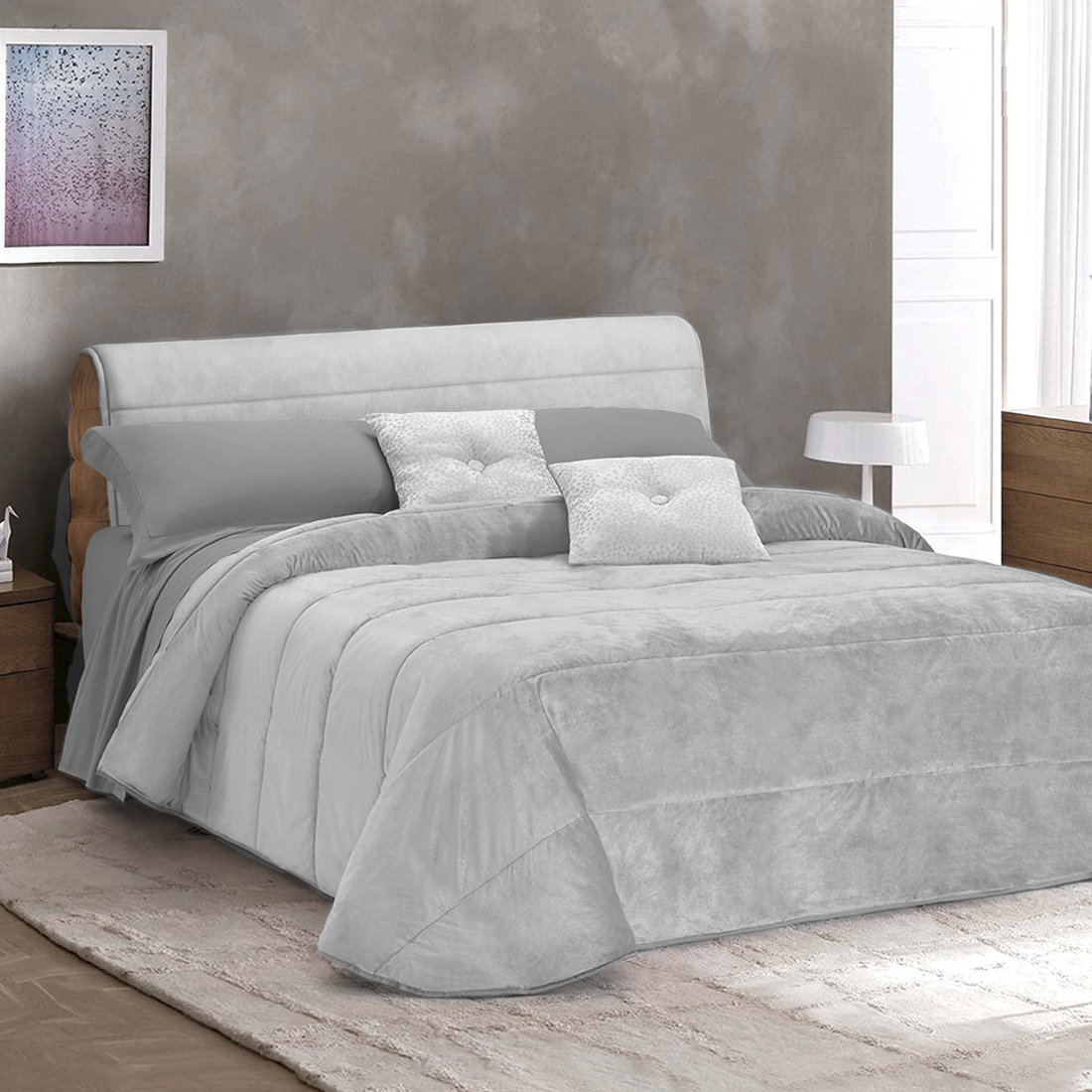 Couette Matrimoniale Velours Duvet Double Face Uni avec Housse de Tête