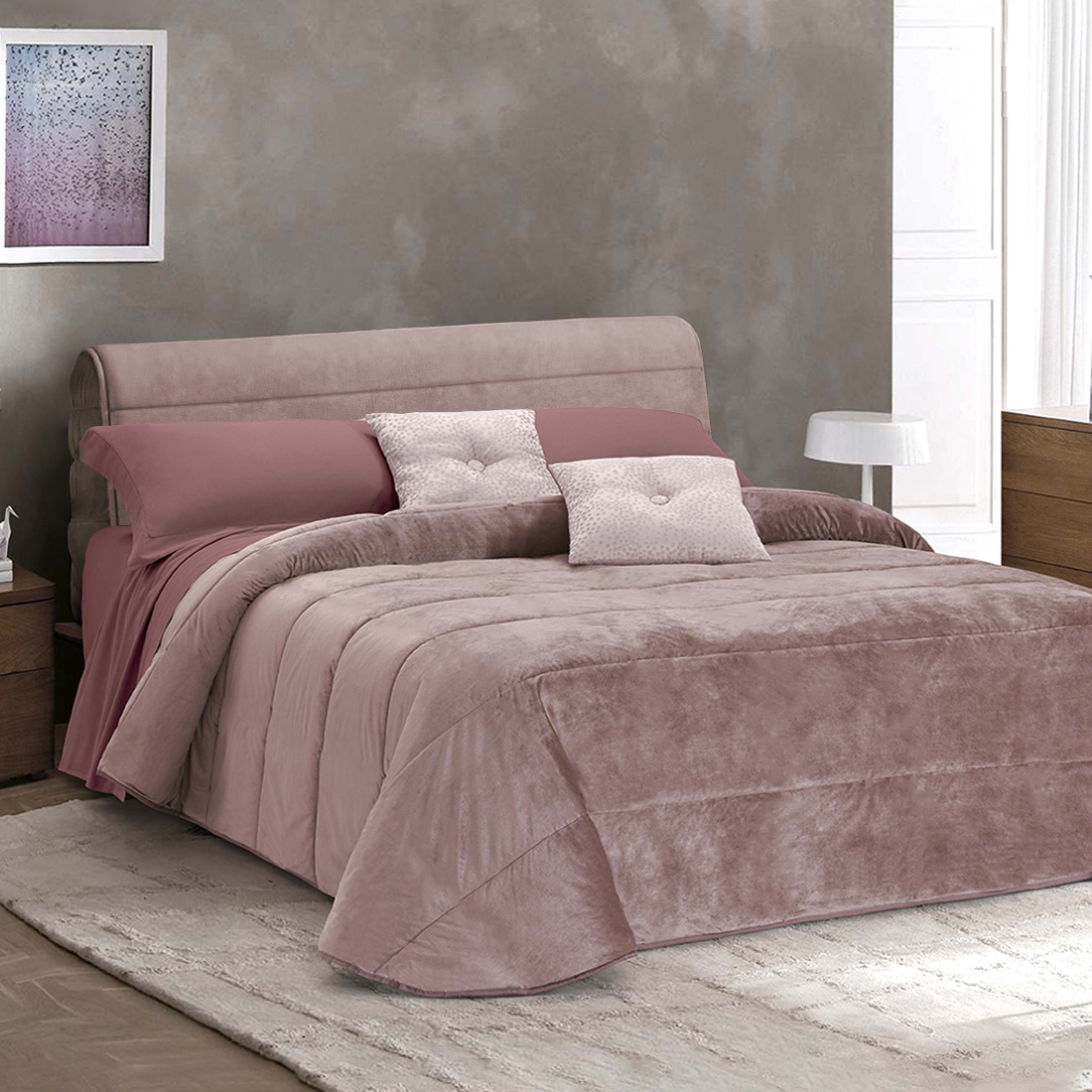 Couette Matrimoniale Velours Duvet Double Face Uni avec Housse de Tête