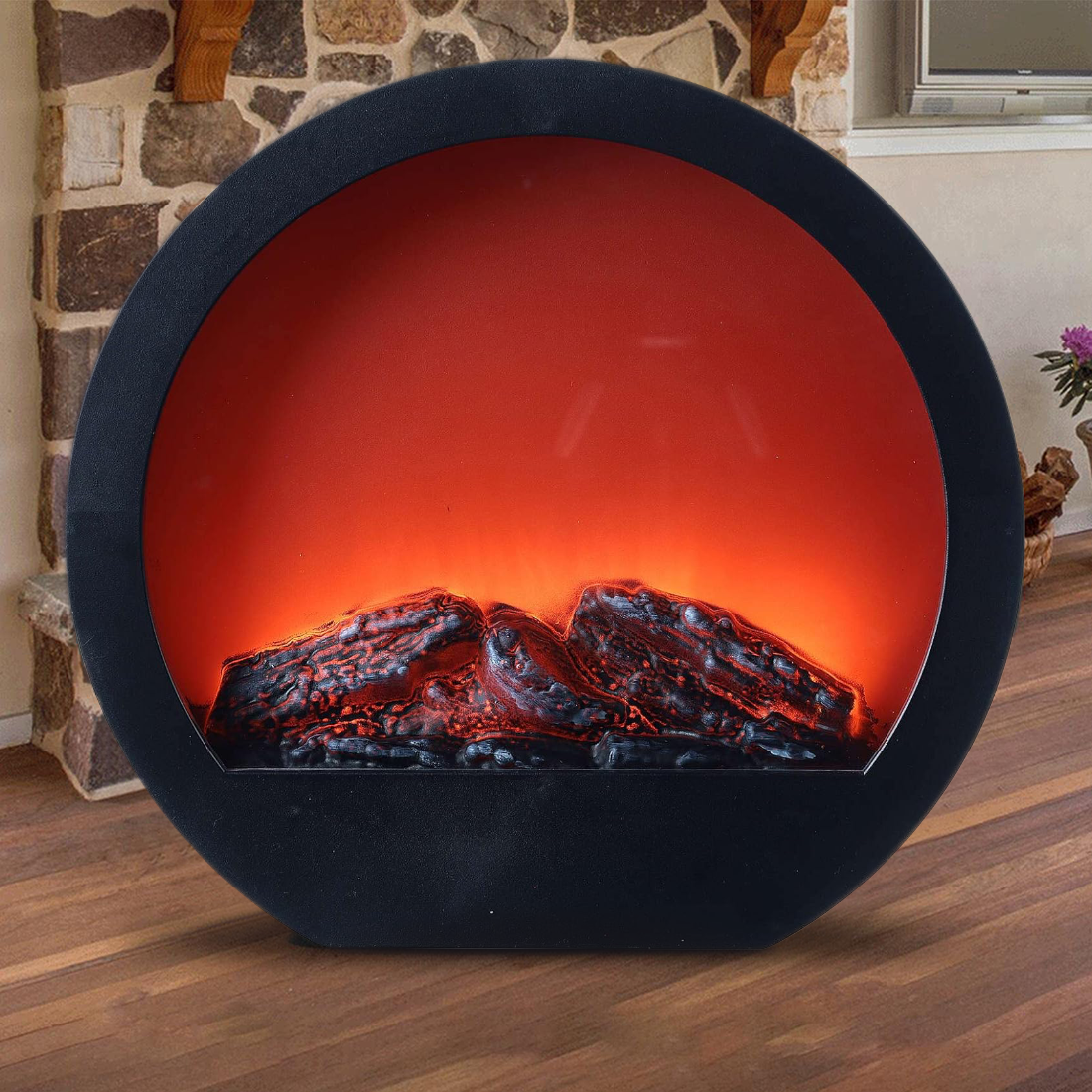 Cheminée Décorative Ronde Moderne avec LED Effet Flamme à Piles