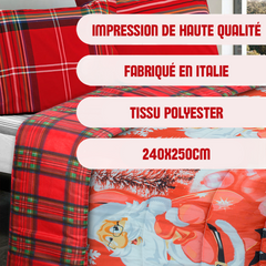 Trapunta de Noël Matrimoniale Double Face Tartan et Impression avec Père Noël