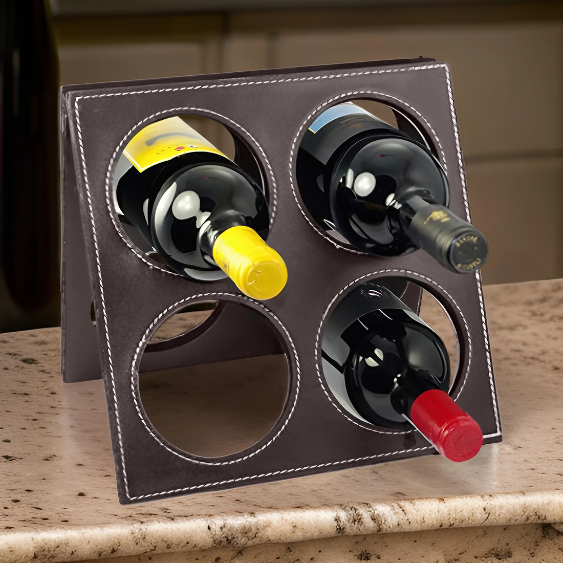 Porte-bouteilles de vin en simili cuir 4 places avec accessoires ouvre-bouteille