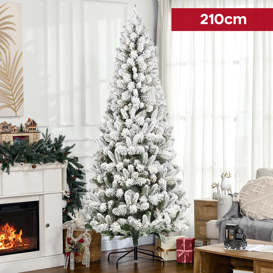 Sapin de Noël MONTEROSA enneigé 210H, 882 branches, effet neige, base en métal