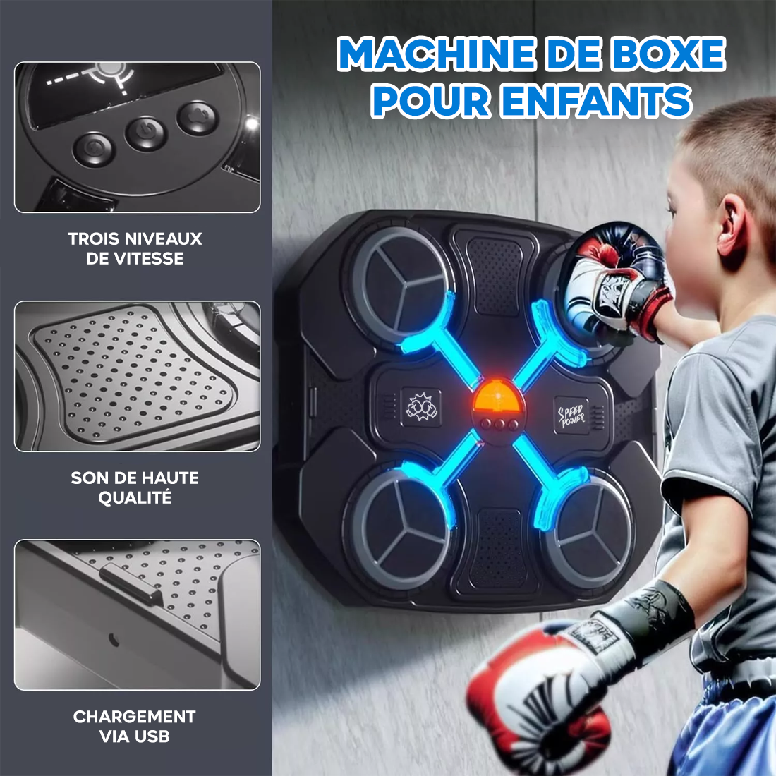 Machine de Boxe Musicale pour Enfants avec Bluetooth Lumières RGB, Sons et Gants