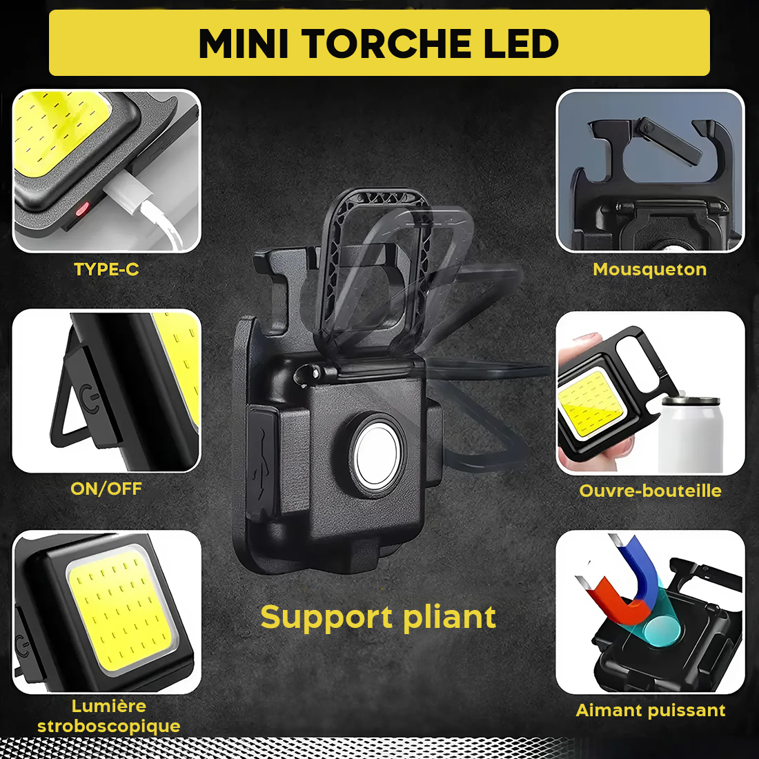 Mini Lampe LED Porte-Clés Multifonction avec Aimant et Décapsuleur