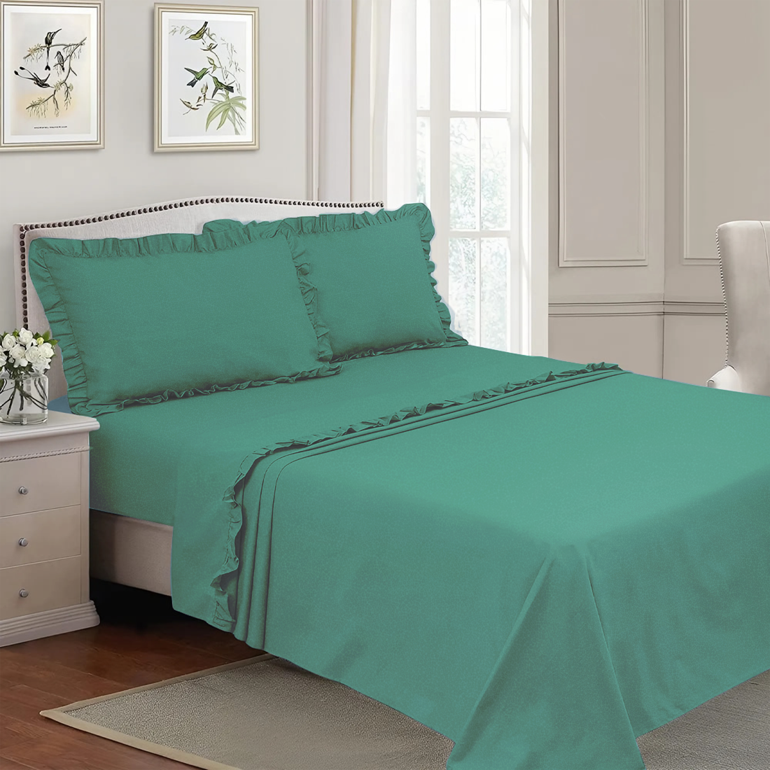 Ensemble lit double avec volant deux draps et deux taies d'oreiller avec volant