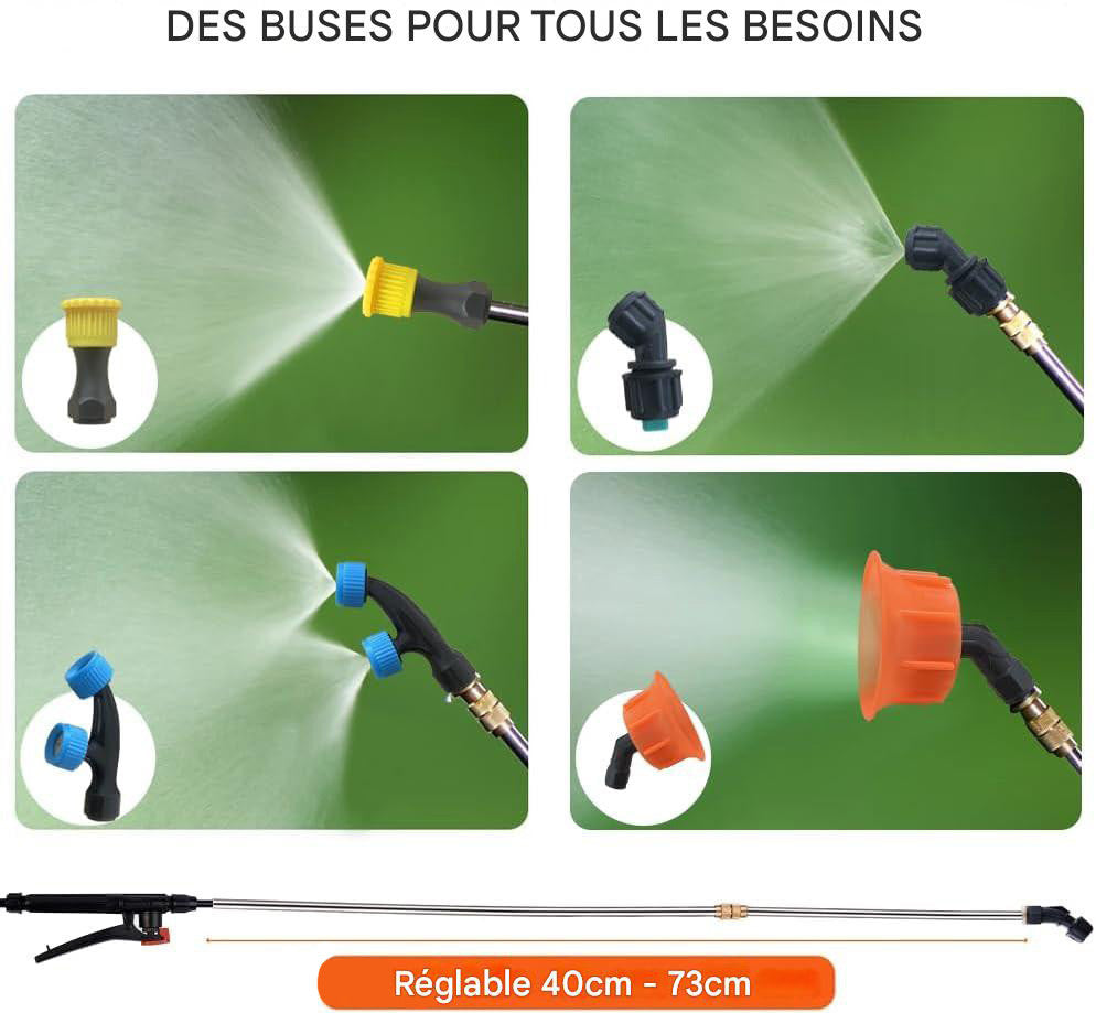 Pulvérisateur manuel à dos 16L avec pompe et buses pour jardin.