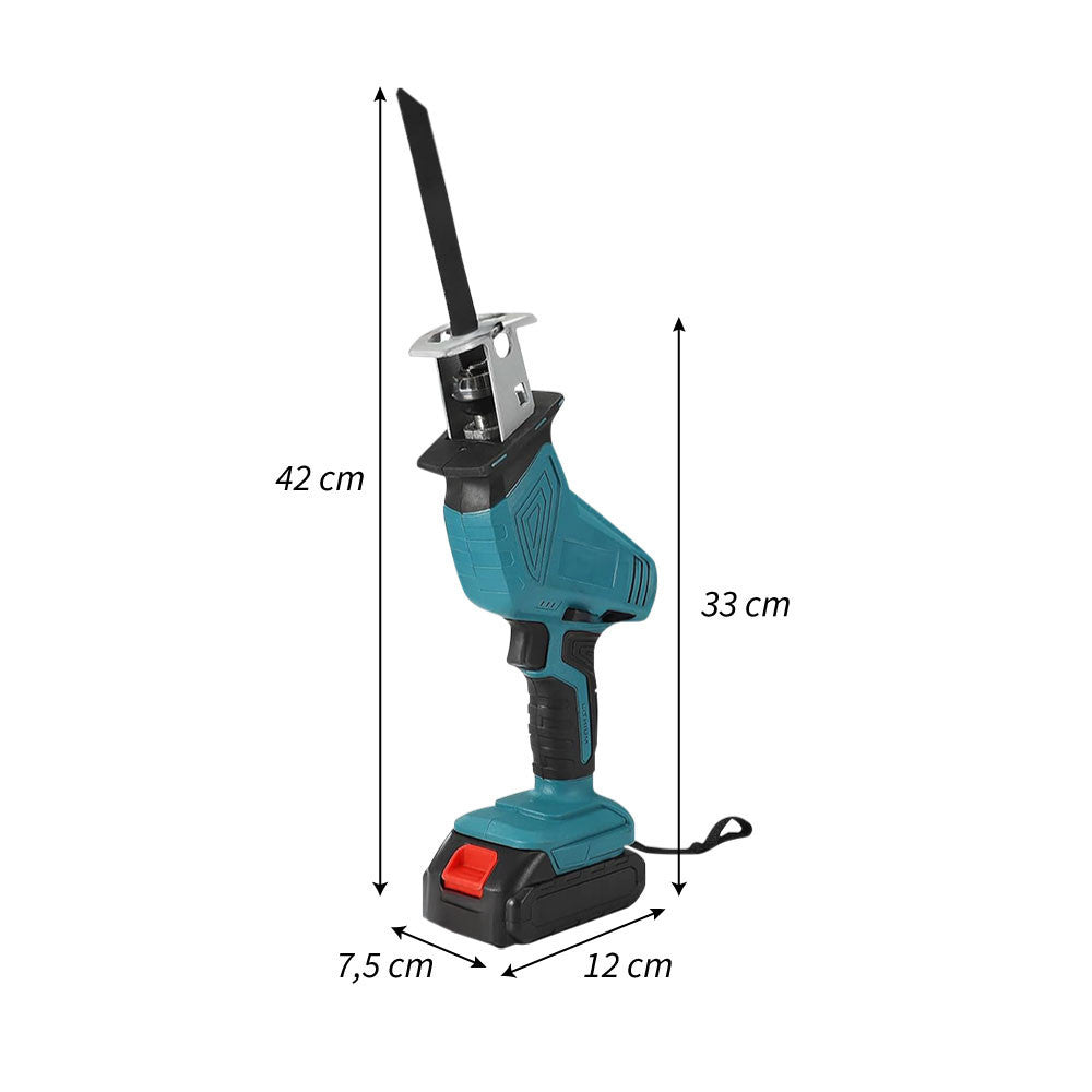Scie alternative 48V, double batterie, 4 lames, coupe bois et métal.