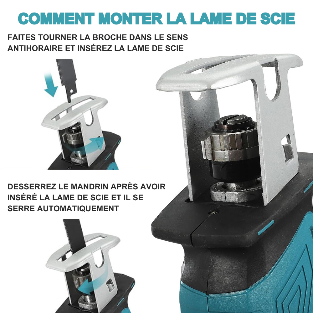 Scie alternative 48V, double batterie, 4 lames, coupe bois et métal.