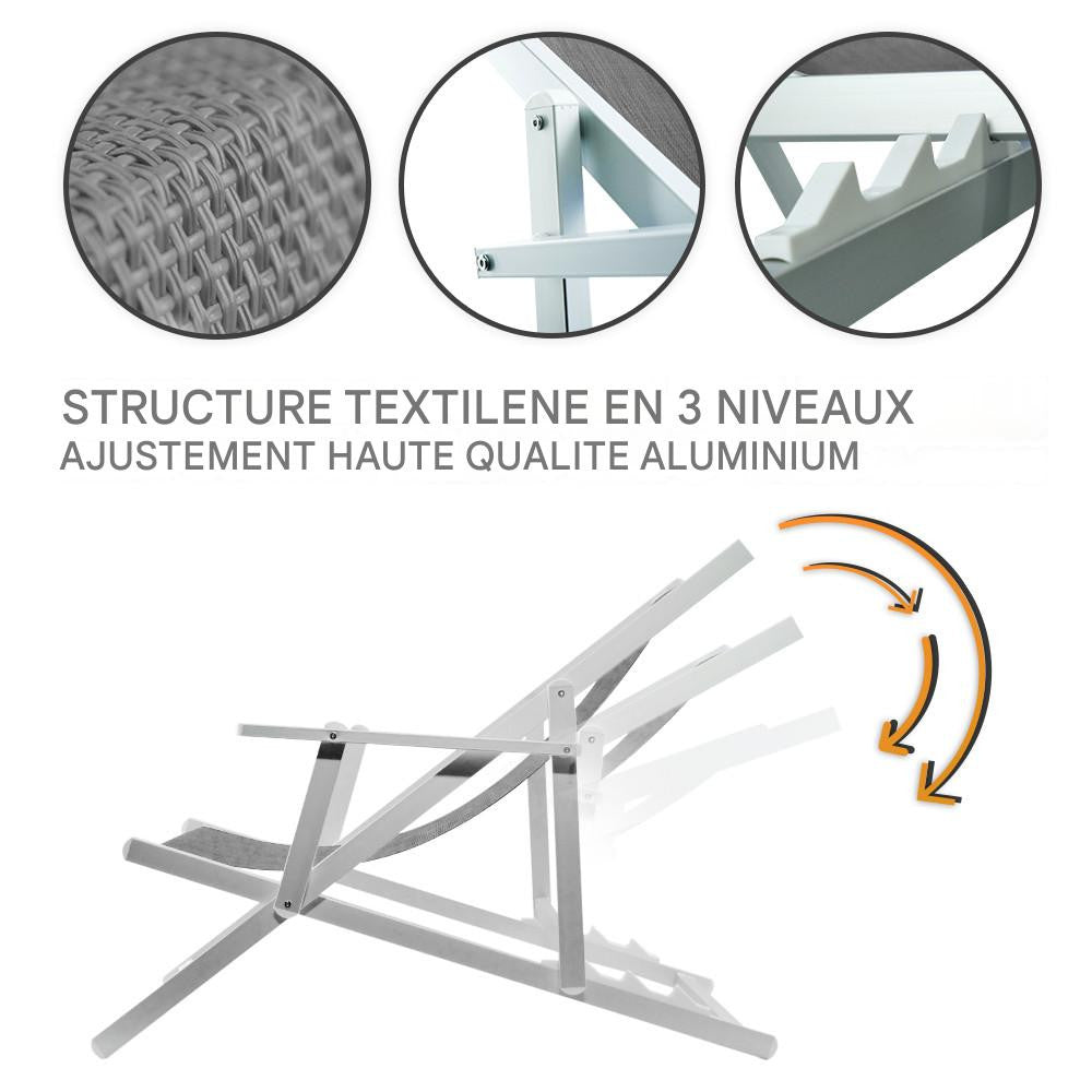 Chaise longue pliante Napoli, accoudoirs, structure aluminium et textilène.