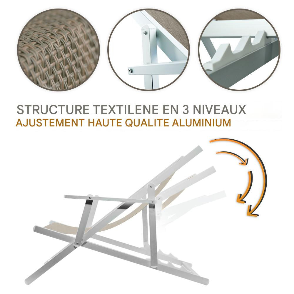 Chaise longue pliante Napoli, accoudoirs, structure aluminium et textilène.