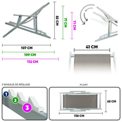 Chaise longue pliante Napoli, accoudoirs, structure aluminium et textilène.