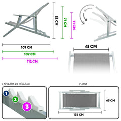 Chaise longue pliante Napoli, accoudoirs, structure aluminium et textilène.