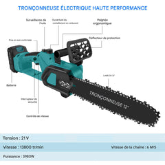 Tronçonneuse sans fil 3980W, lame 12", double batterie 21V, avec mallette