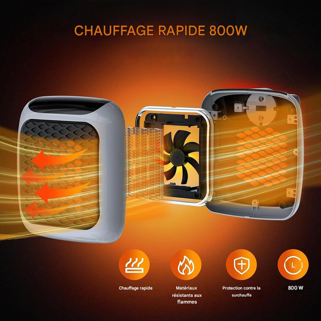 Mini radiateur électrique portable 800W avec écran LED et minuterie réglable