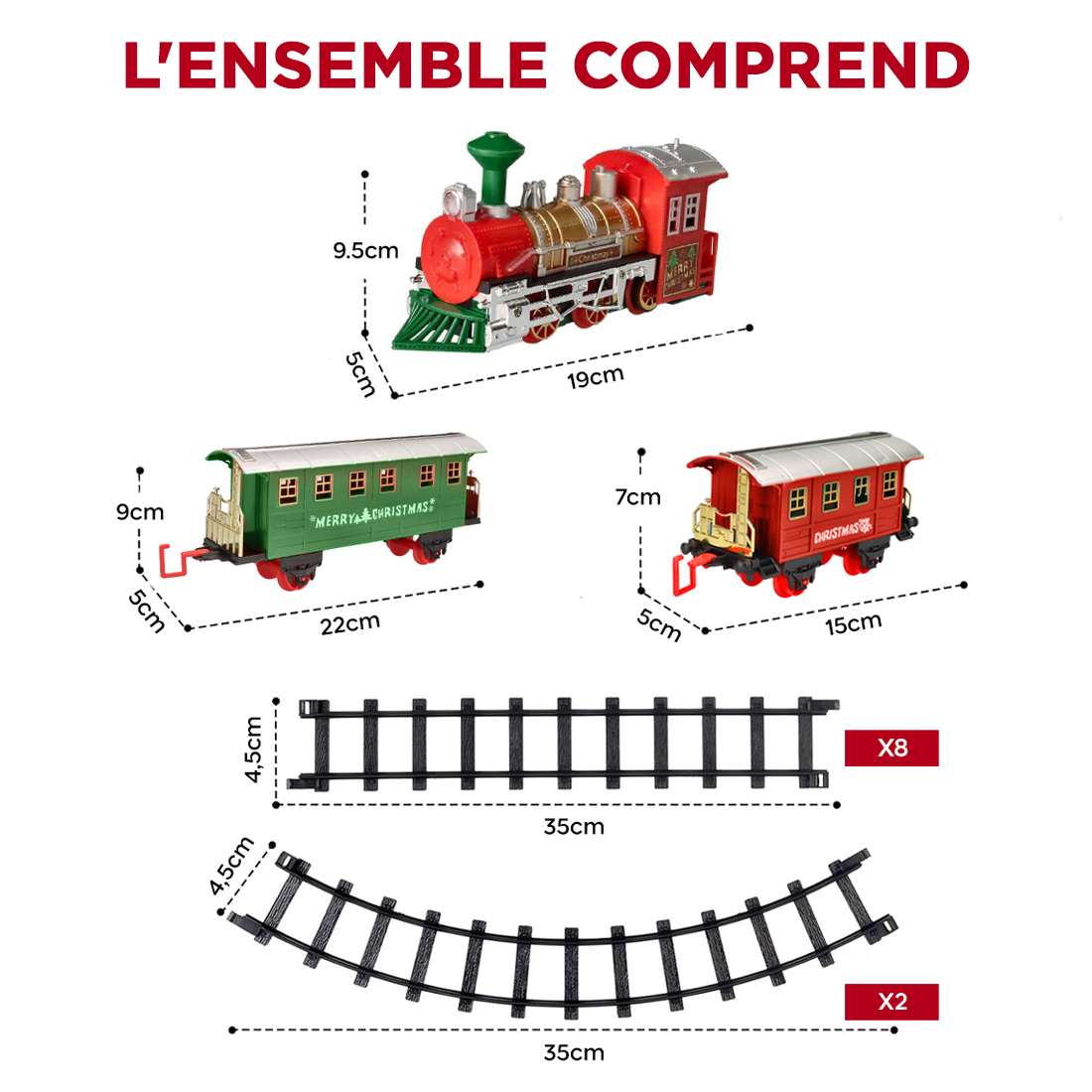 Petit train de Noël 13 pièces avec lumières, sons et mouvement à piles