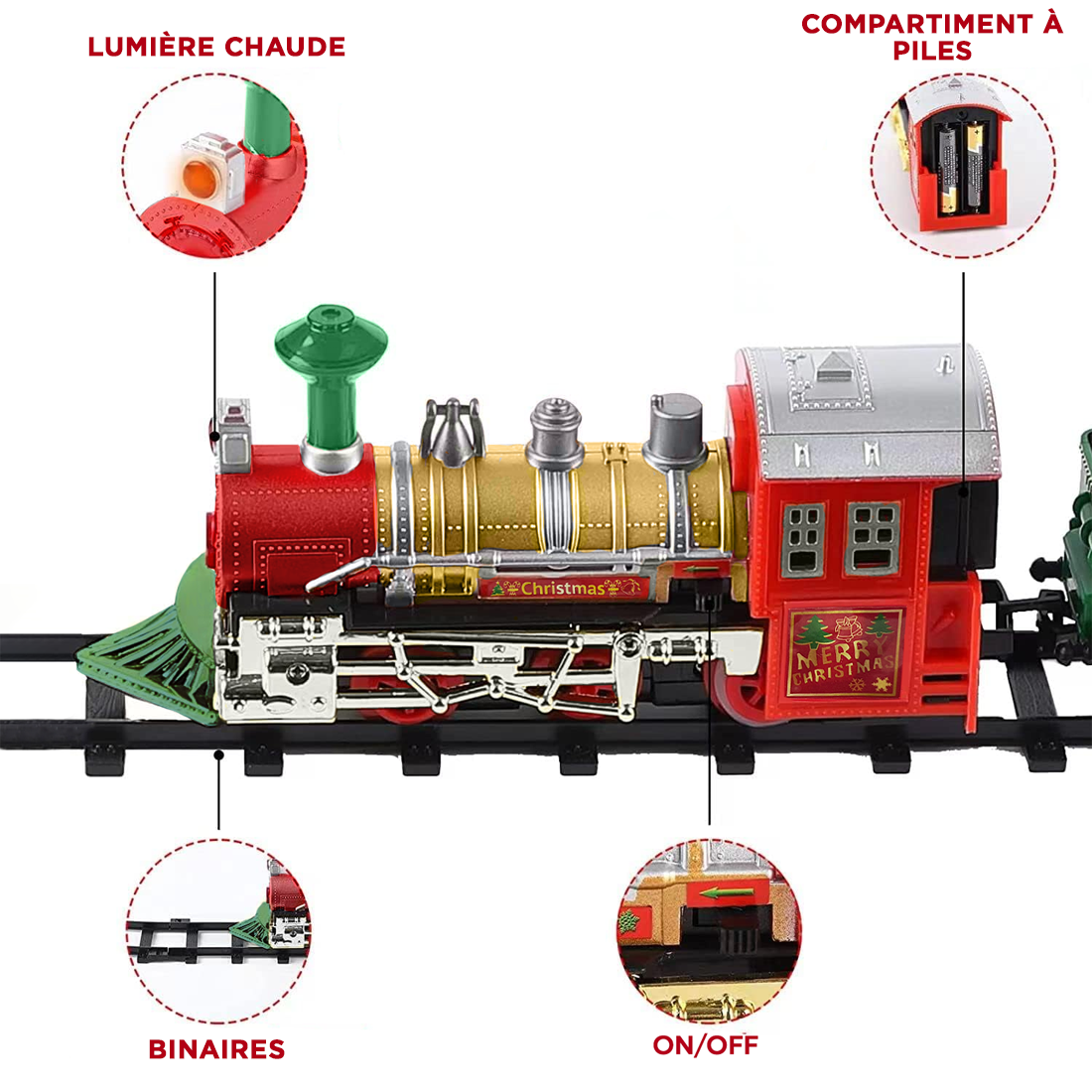 Petit train de Noël 13 pièces avec lumières, sons et mouvement à piles