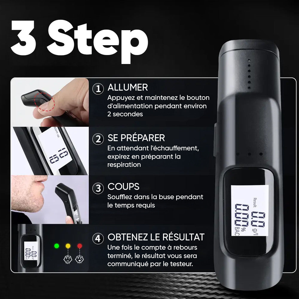 Éthylomètre rechargeable à haute sensibilité avec affichage numérique.