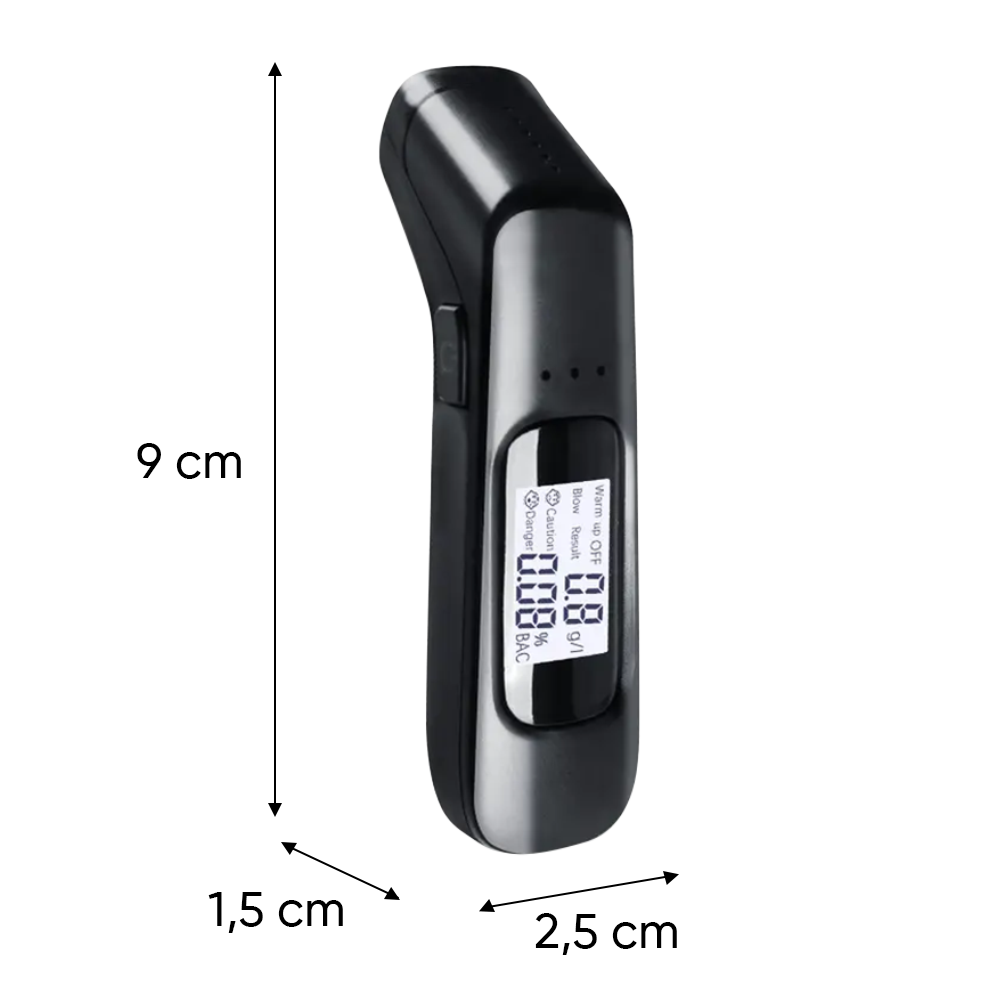Éthylomètre rechargeable à haute sensibilité avec affichage numérique.