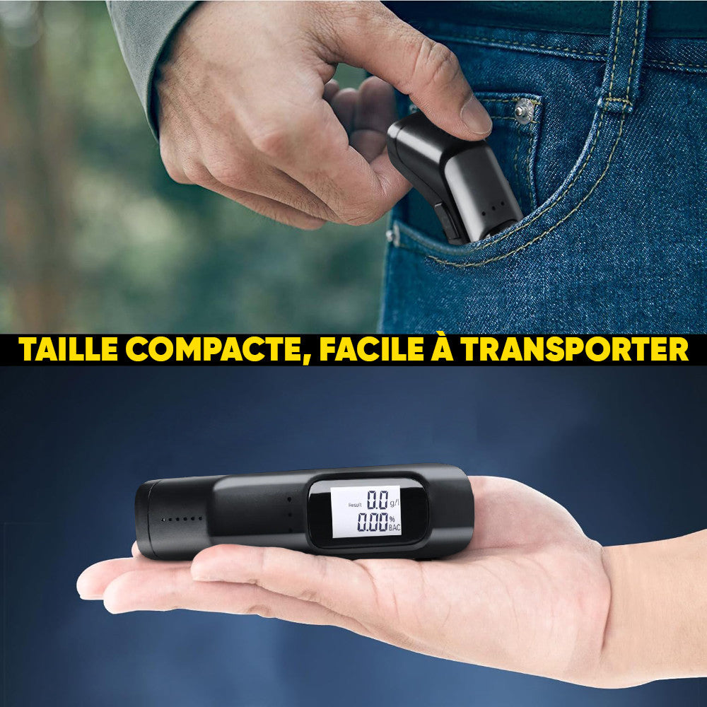 Éthylomètre rechargeable à haute sensibilité avec affichage numérique.