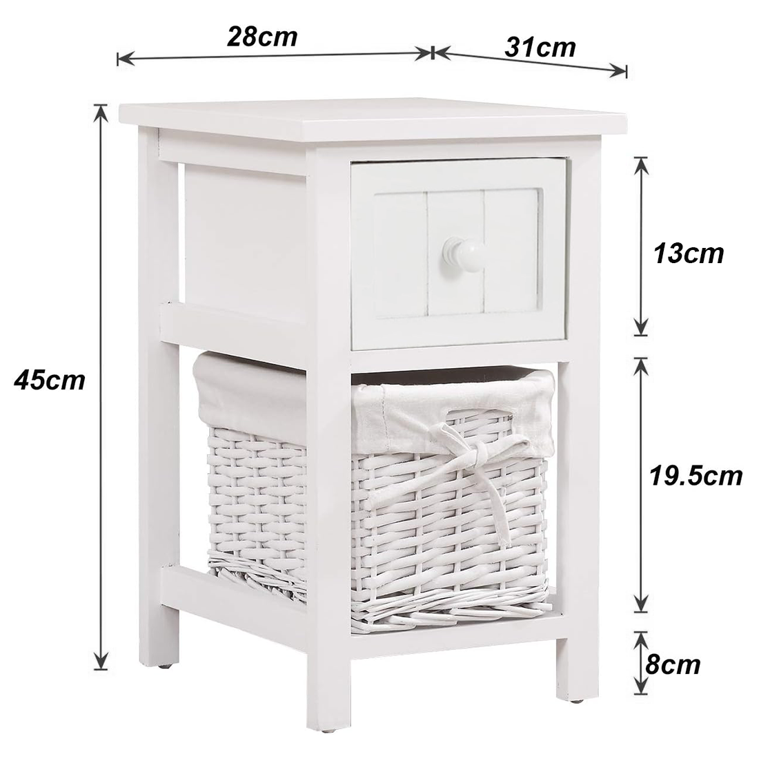 Table de chevet blanche Shabby Chic avec tiroir et panier en osier