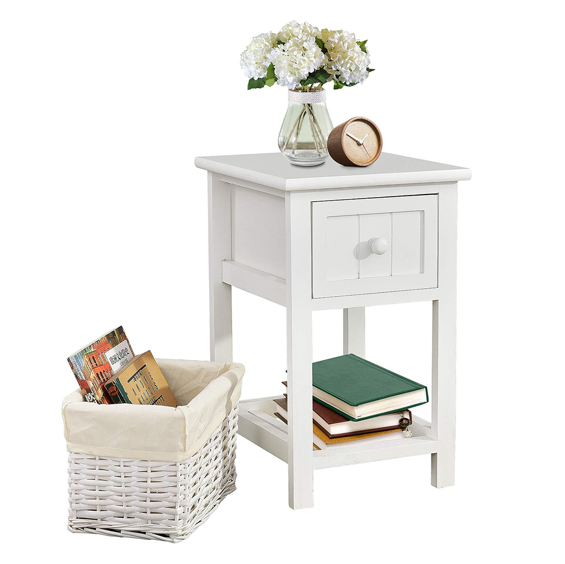 Table de chevet blanche Shabby Chic avec tiroir et panier en osier