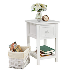 Table de chevet blanche Shabby Chic avec tiroir et panier en osier
