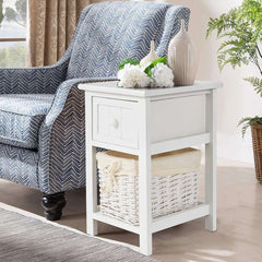 Table de chevet blanche Shabby Chic avec tiroir et panier en osier