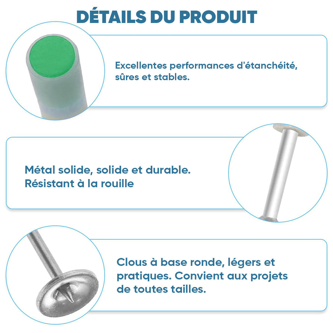 100 clous métal 7mm pour pistolet manuel, béton et fer, rivets ronds