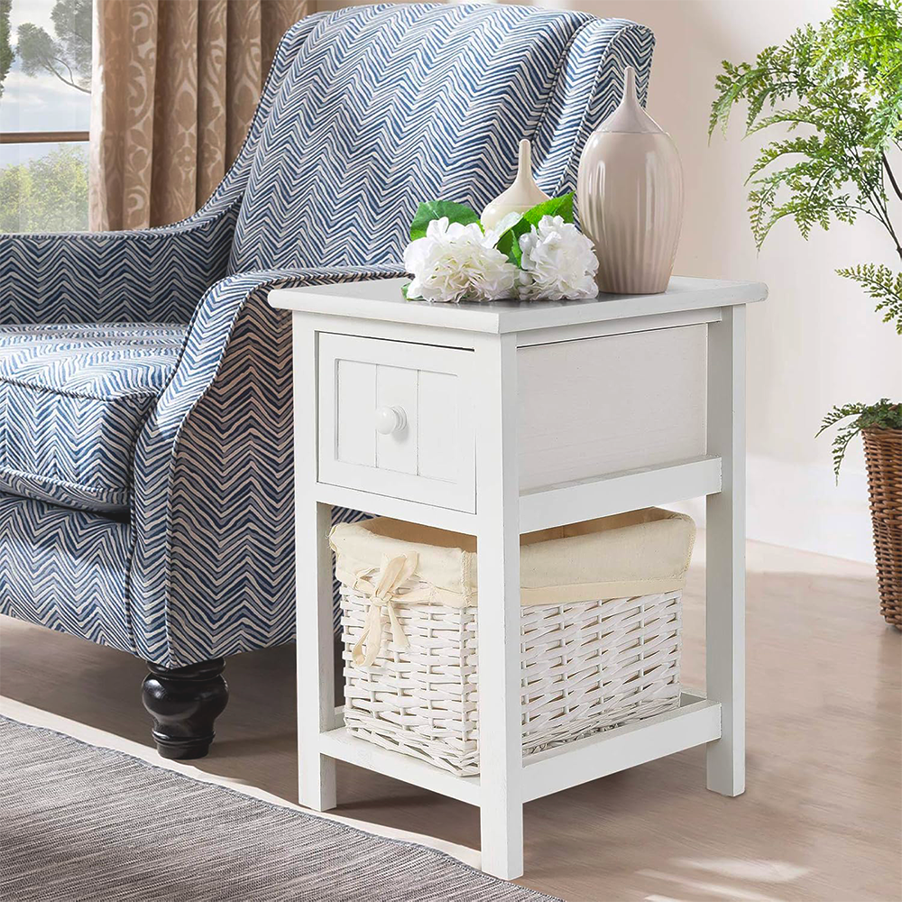 Commode en bois blanc shabby chic avec tiroir et panier en osier amovible