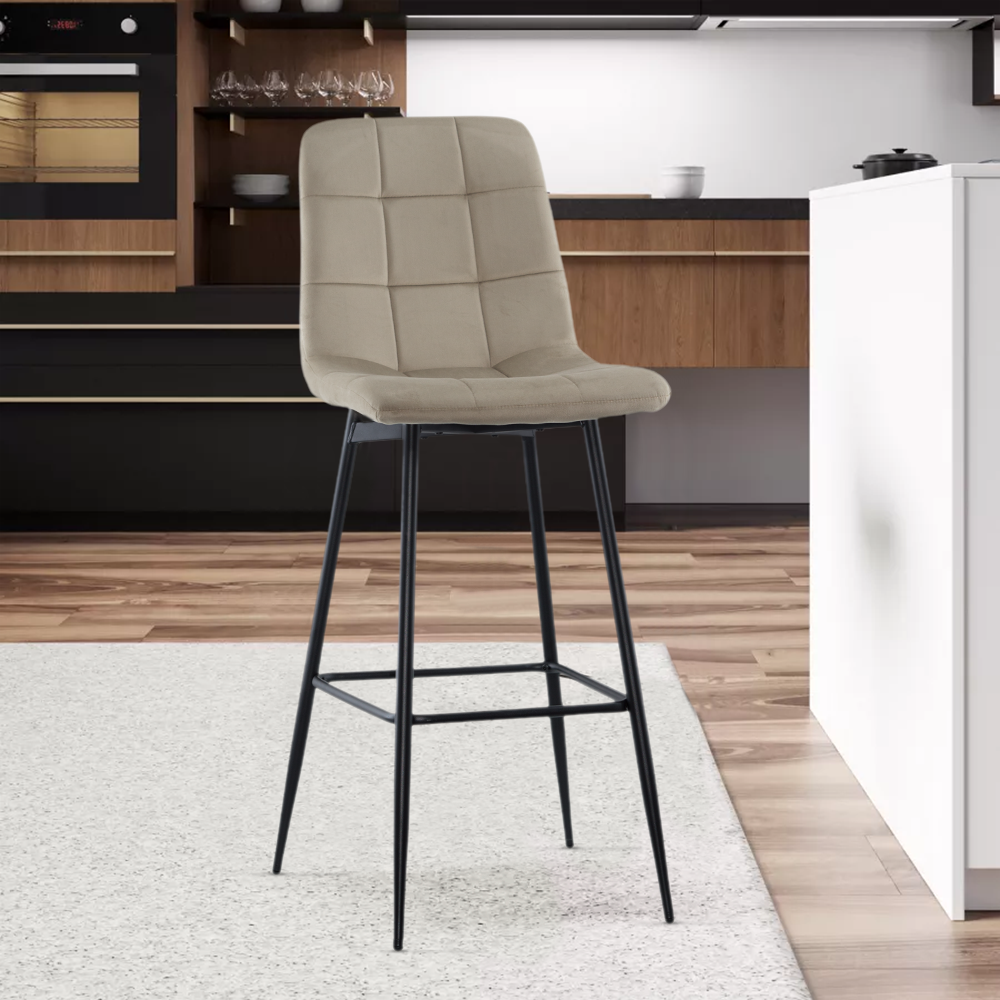 Lot 2 tabourets velours VELVETTE, structure noire, dossier et repose-pieds