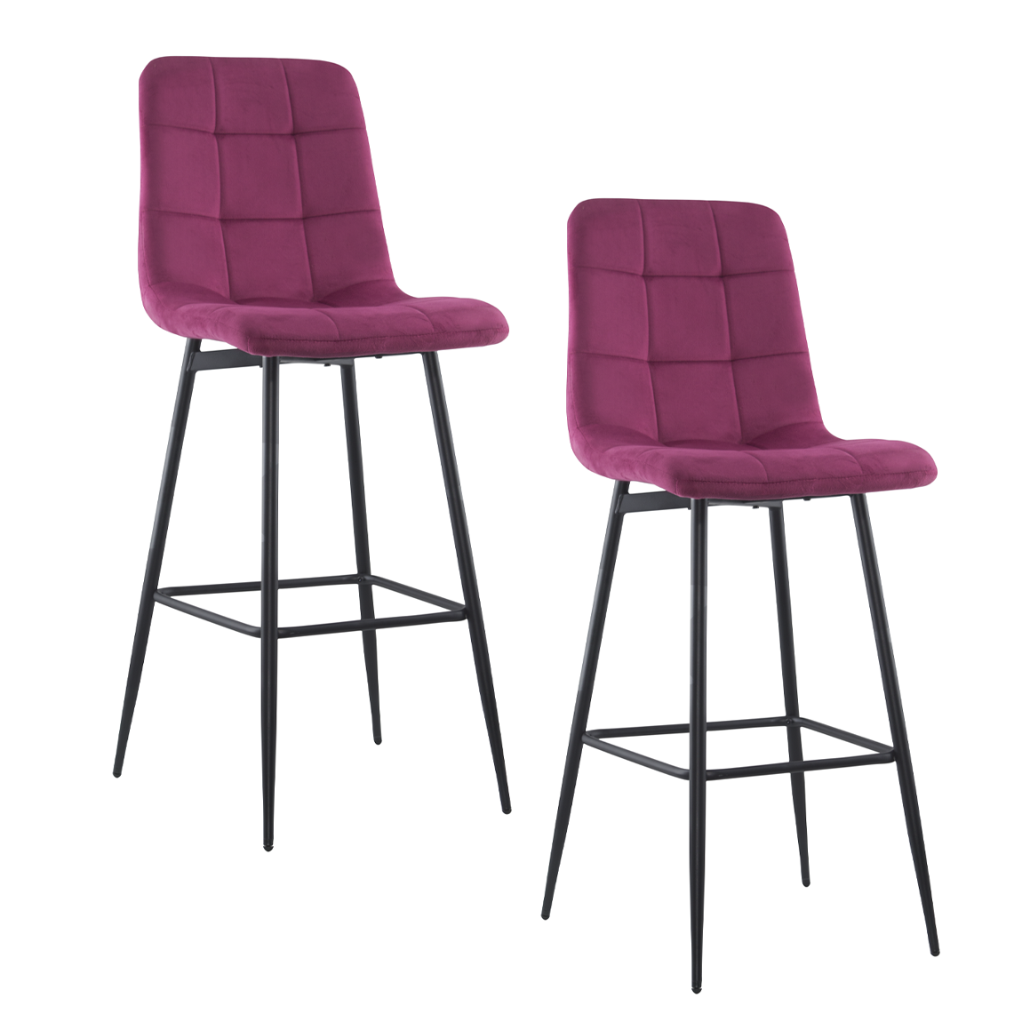 Lot 2 tabourets velours VELVETTE, structure noire, dossier et repose-pieds