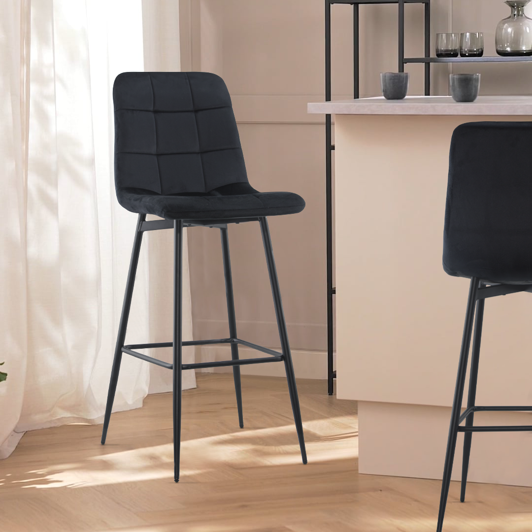 Lot 2 tabourets velours VELVETTE, structure noire, dossier et repose-pieds