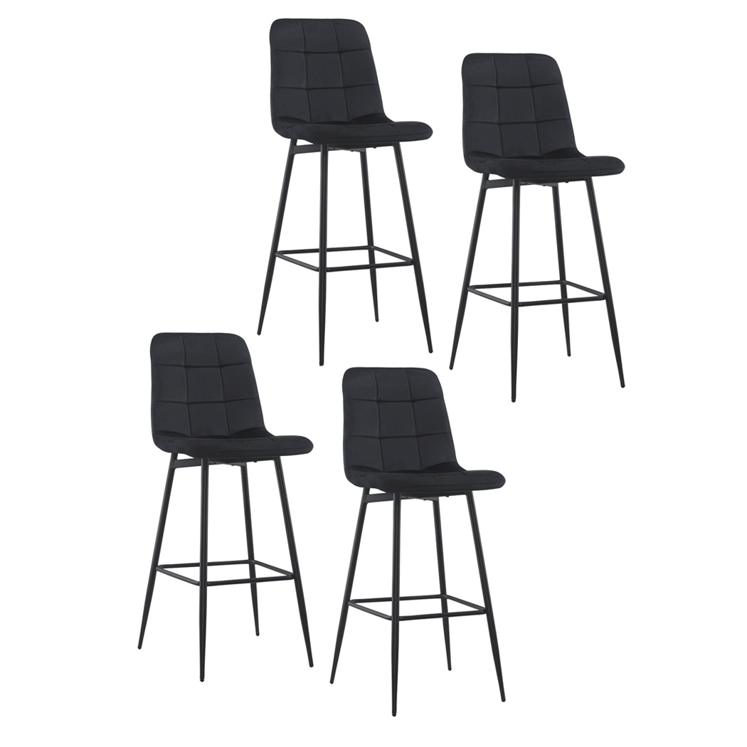 Set 4 tabourets velours VELVETTE, dossier, repose-pieds, pied noir