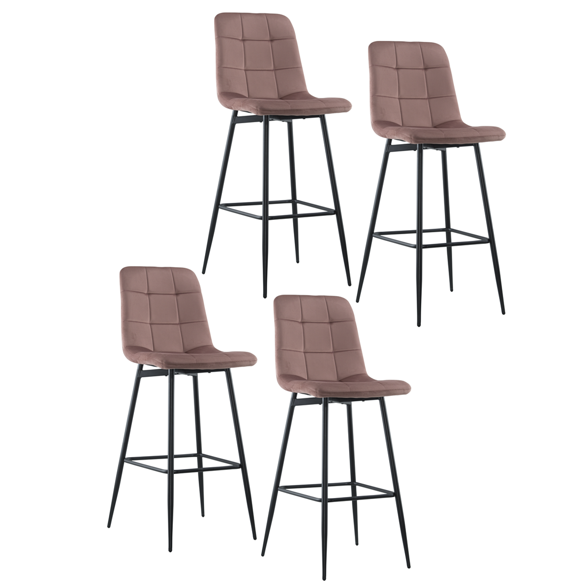 Set 4 tabourets velours VELVETTE, dossier, repose-pieds, pied noir