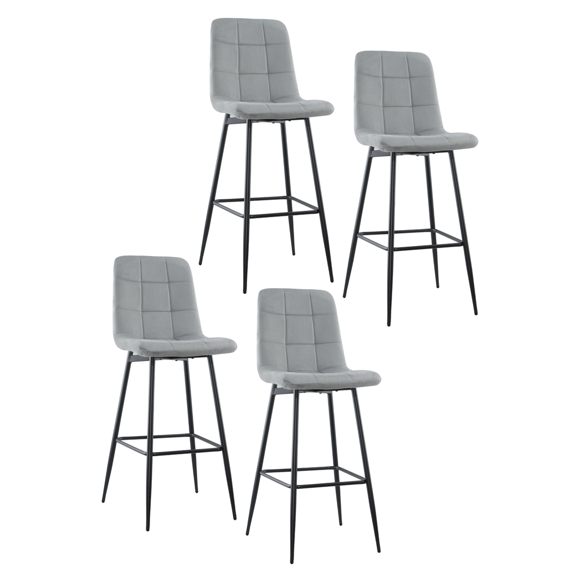 Set 4 tabourets velours VELVETTE, dossier, repose-pieds, pied noir
