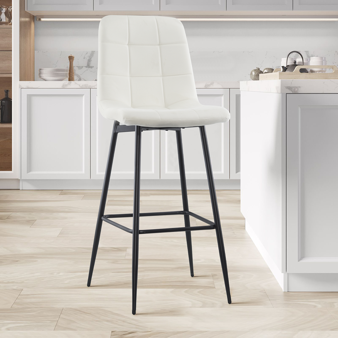 Set 4 tabourets velours VELVETTE, dossier, repose-pieds, pied noir