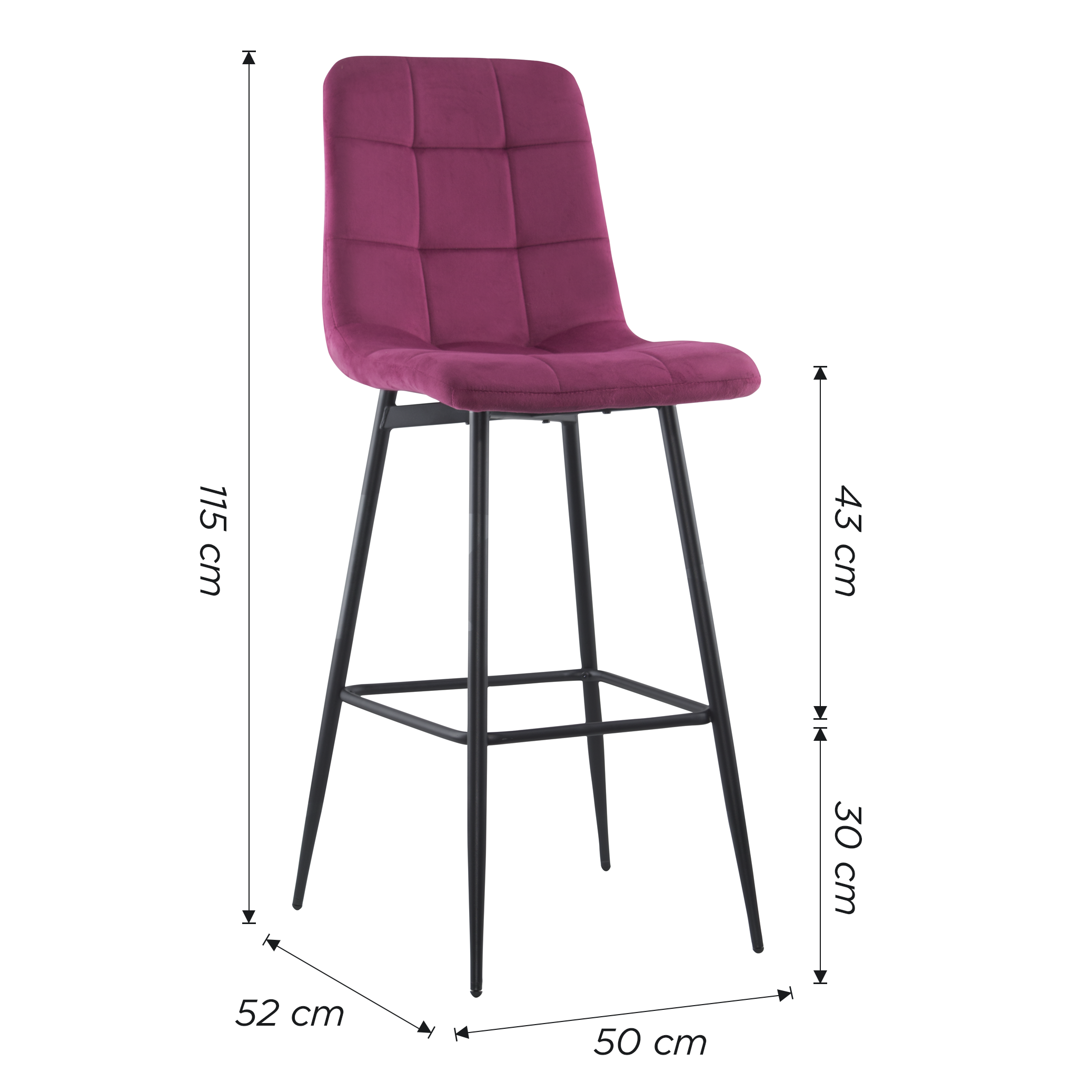 Set 4 tabourets velours VELVETTE, dossier, repose-pieds, pied noir