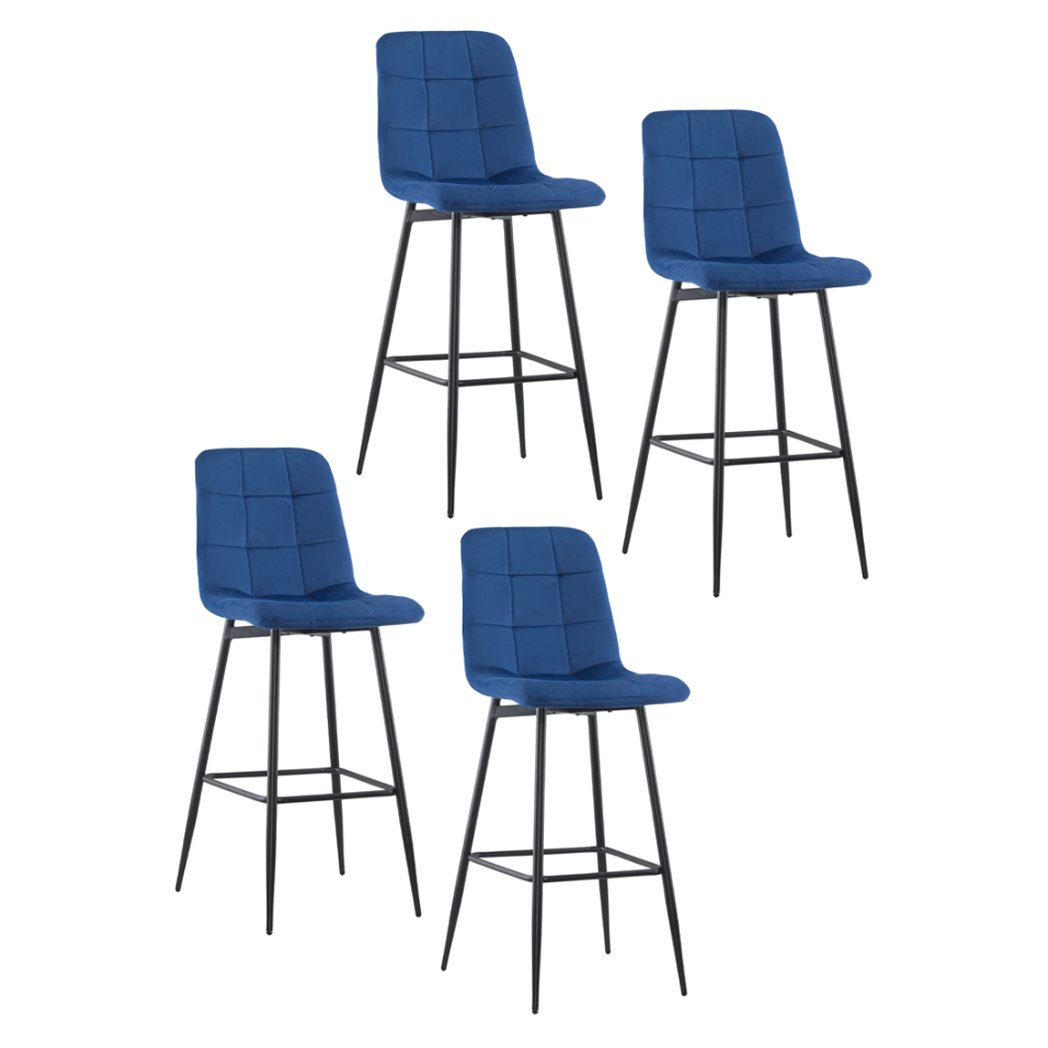 Set 4 tabourets velours VELVETTE, dossier, repose-pieds, pied noir