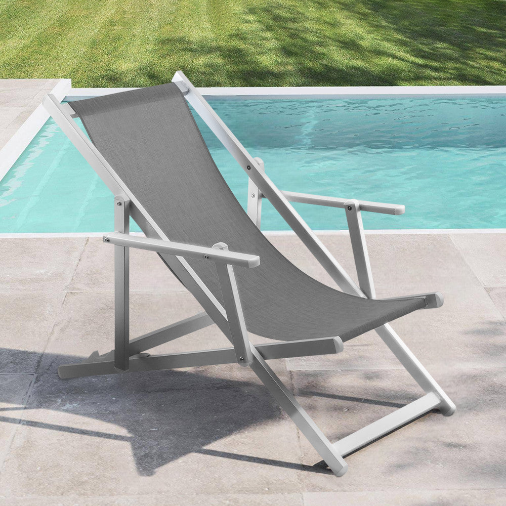 2 Chaises Longues Pliantes Napoli, Accoudoirs, Alu et Textilène