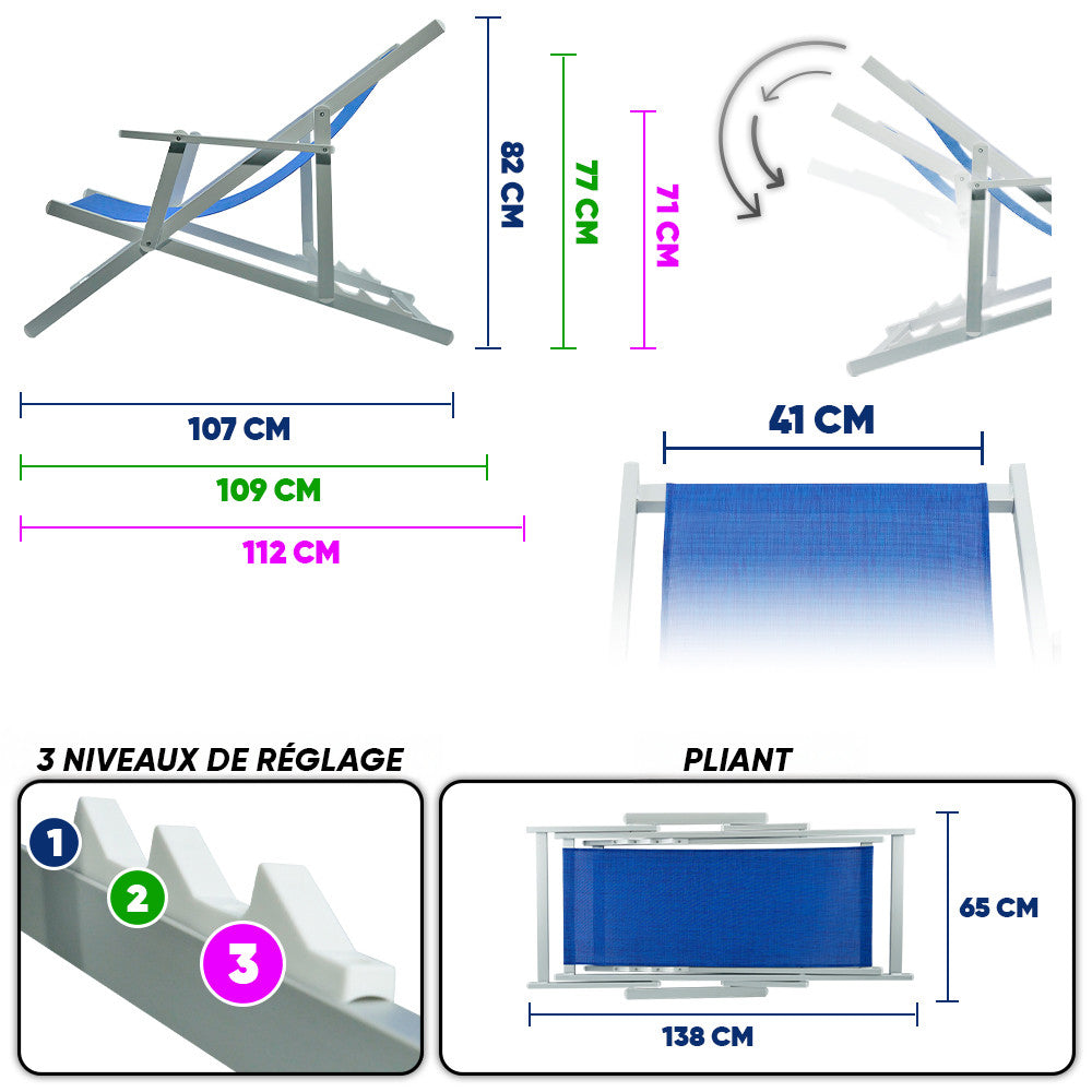 2 Chaises Longues Pliantes Napoli, Accoudoirs, Alu et Textilène