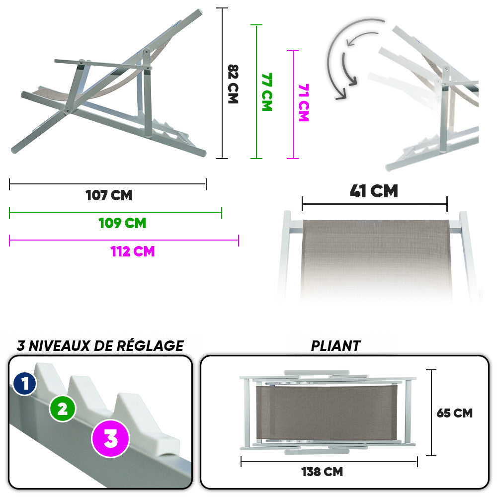 2 Chaises Longues Pliantes Napoli, Accoudoirs, Alu et Textilène