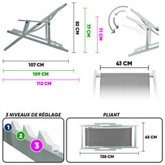 2 Chaises Longues Pliantes Napoli, Accoudoirs, Alu et Textilène