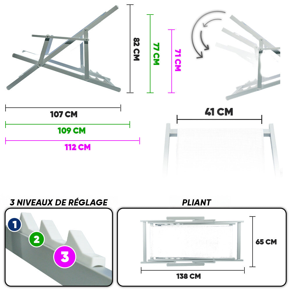 2 Chaises Longues Pliantes Napoli, Accoudoirs, Alu et Textilène