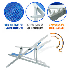 2 Chaises Longues Pliantes Napoli, Accoudoirs, Alu et Textilène