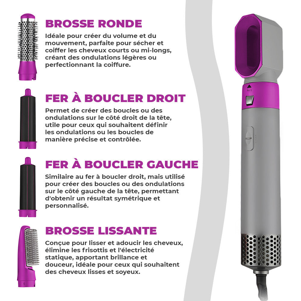 Asciugacapelli 5 en 1 avec coffret 1000W 5 accessoires brosse et fer à friser