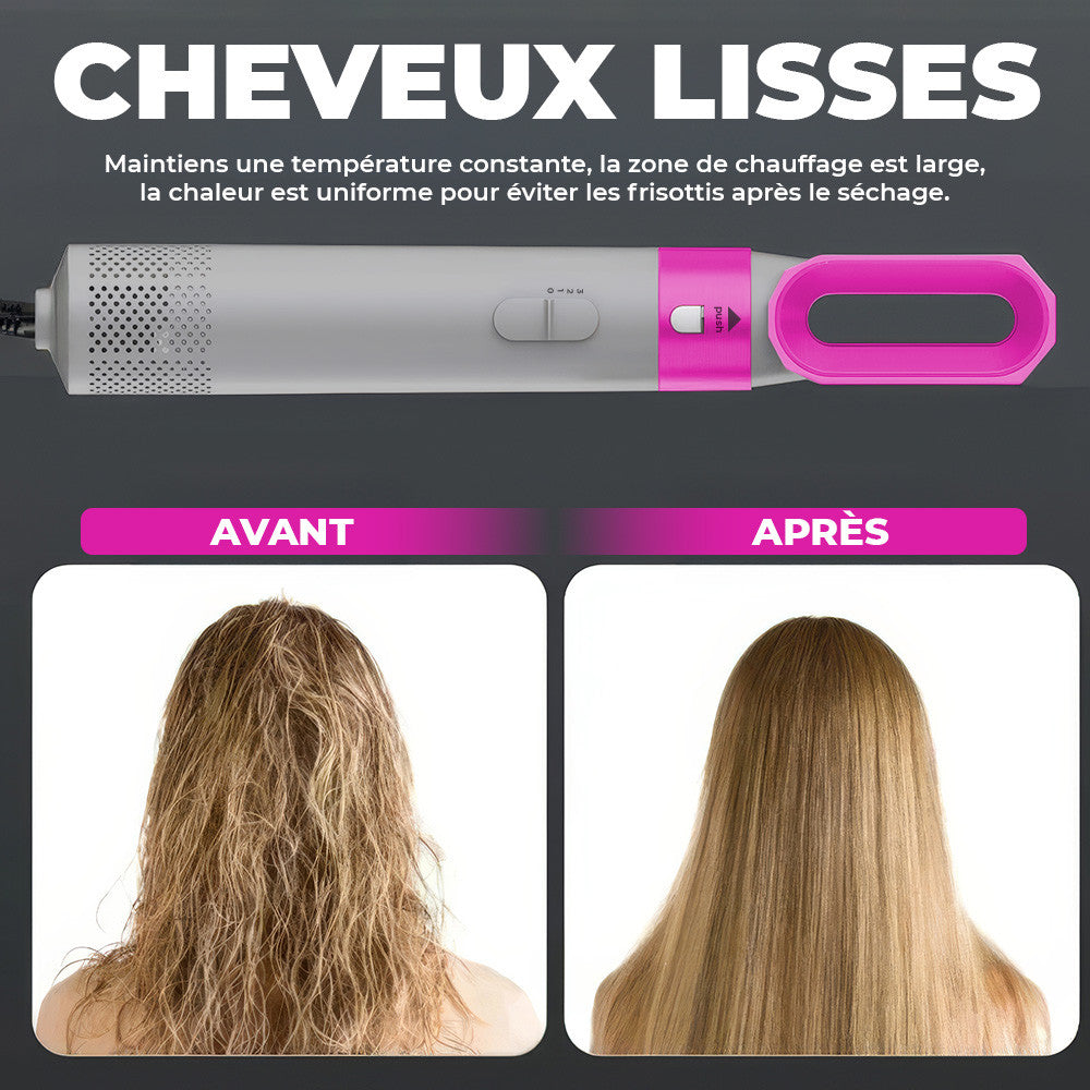 Asciugacapelli 5 en 1 avec coffret 1000W 5 accessoires brosse et fer à friser