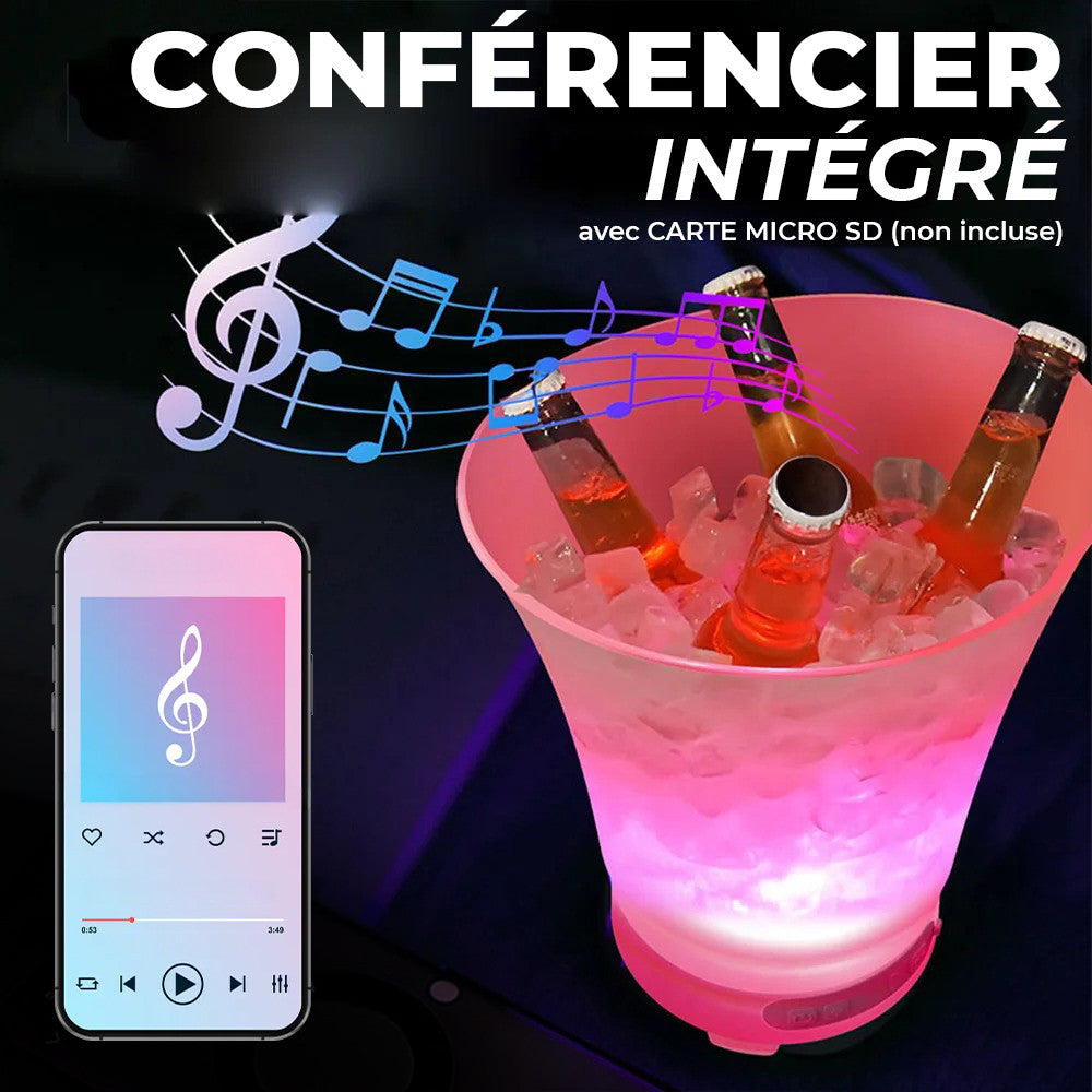 Seau à glace 7L porte-bouteilles RGB Bluetooth rechargeable.