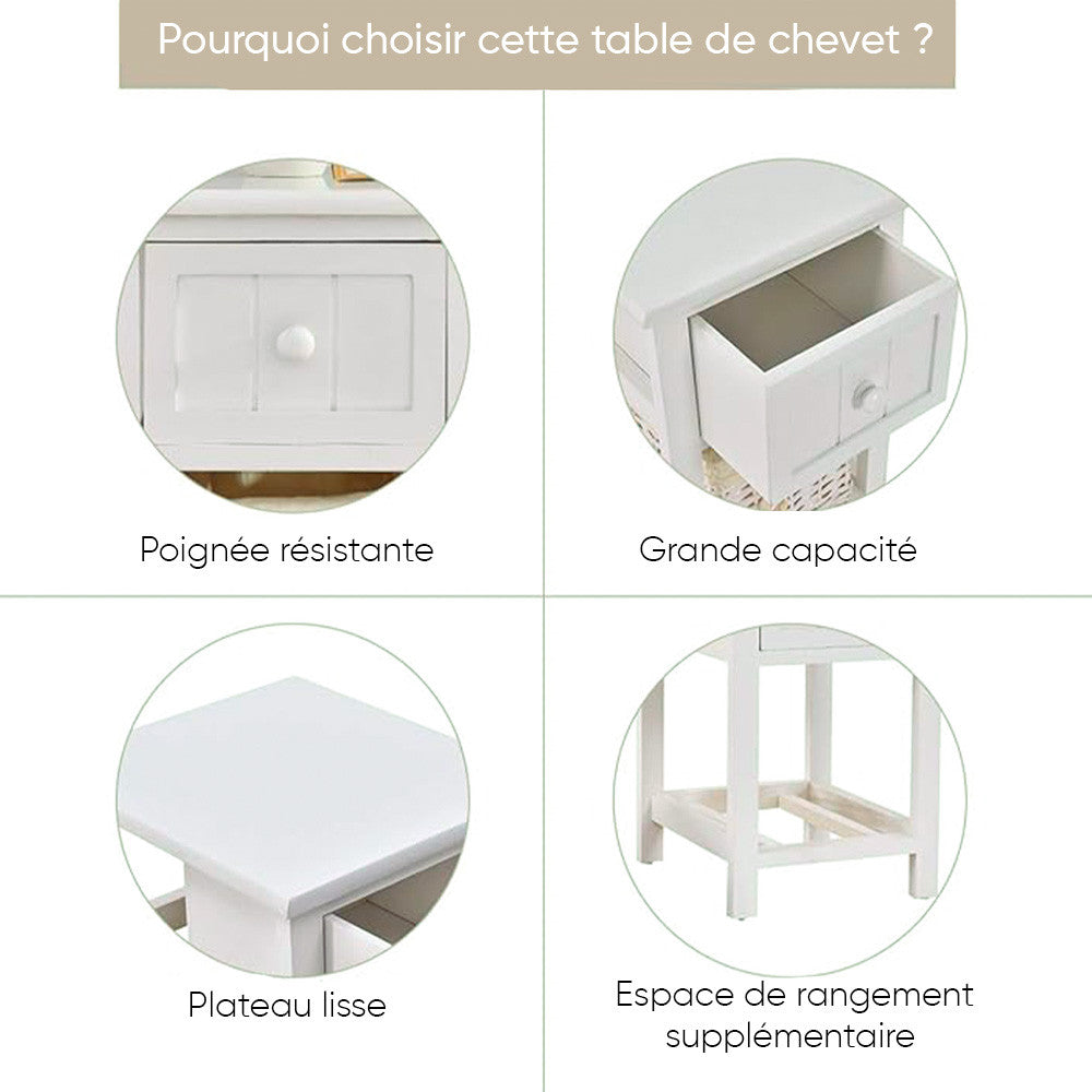 Commode en bois blanc shabby chic avec tiroir et panier en osier amovible